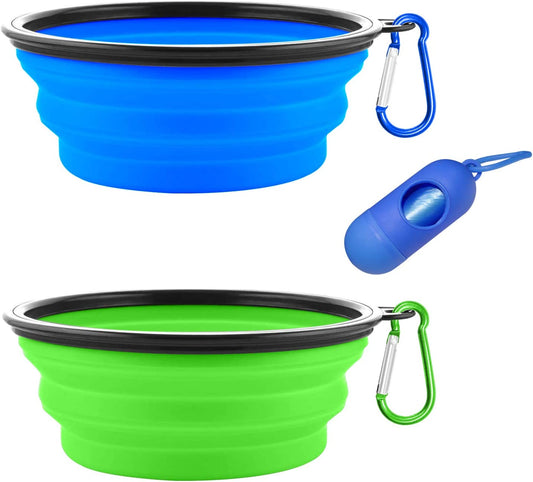 Ultimate Collapsible Dog Bowls - Portable Silicone Travel Set for Cats and Dogs with Waste Bag Dispenser - 2 Pack in Blue and Green